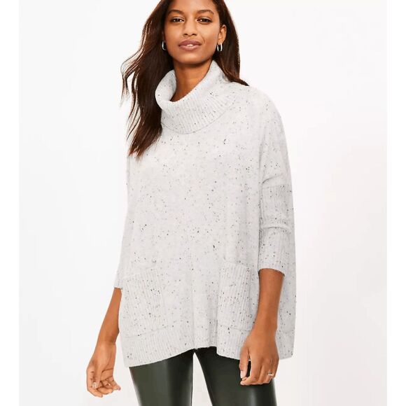 Loft Flecked Pocket Poncho Sweater Gray, Sz Medium Petite, MSRP $75 - Picture 1 of 11